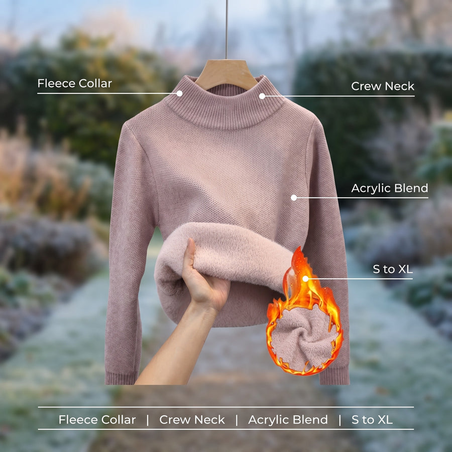 Women's Knit Sweater Fleece Lined Collar Crew Neck Warm Pullover, product photo 2