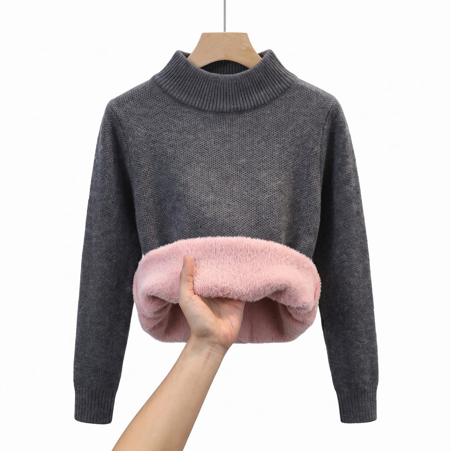 Women's Knit Sweater Fleece Lined Collar Crew Neck Warm Pullover, product photo 8