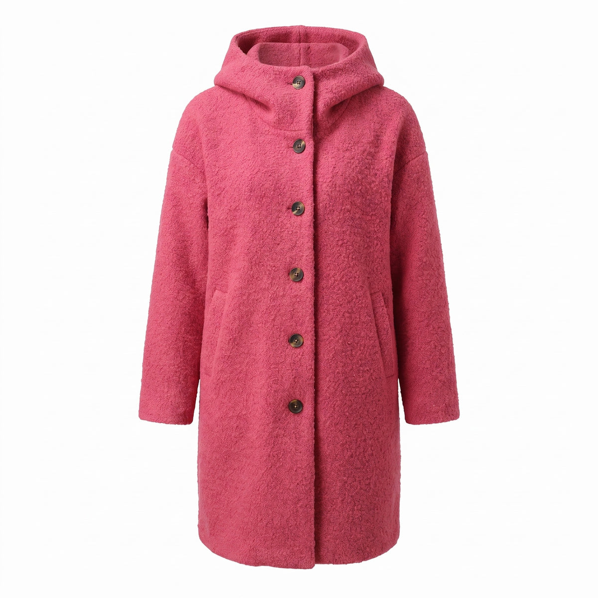 Women's Long Hooded Coat Textured Boucle Button Front Winter Outerwear, product photo 1