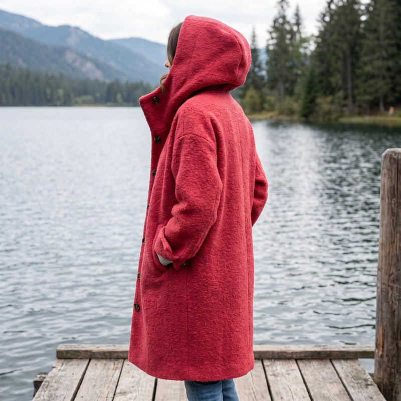 Women's Long Hooded Coat Textured Boucle Button Front Winter Outerwear, product photo 5