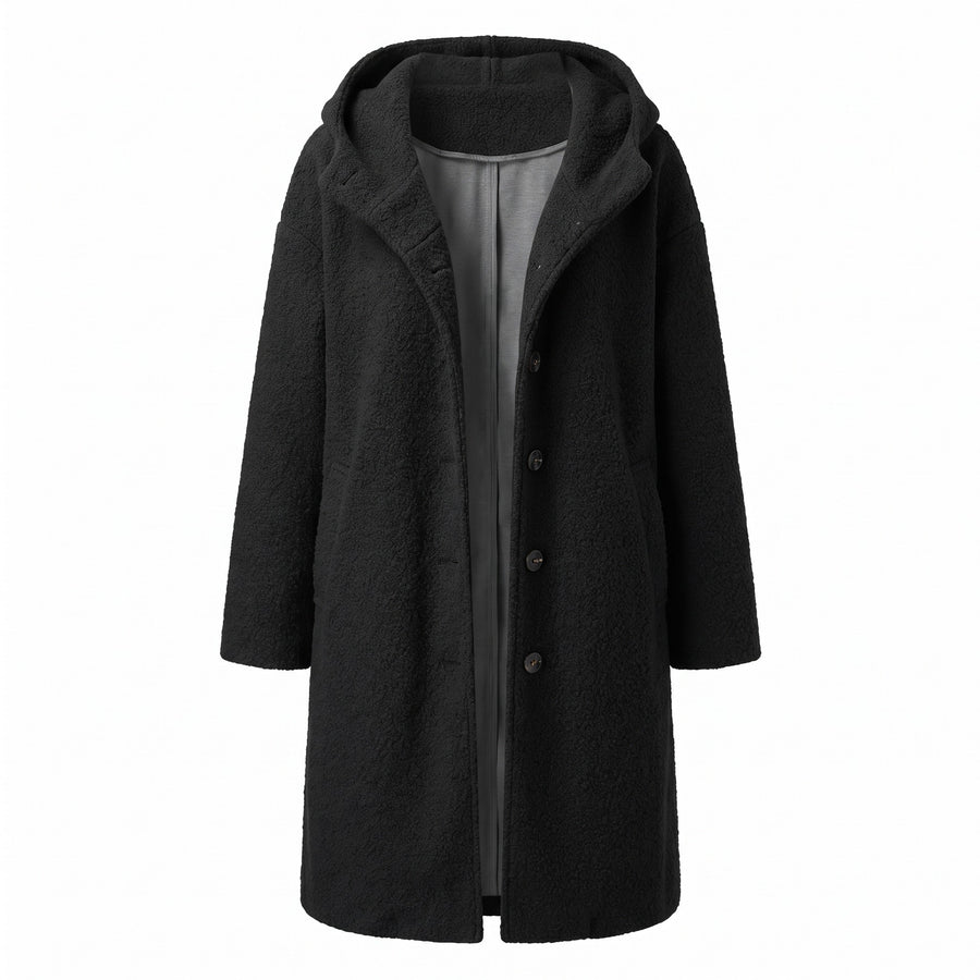 Women's Long Hooded Coat Textured Boucle Button Front Winter Outerwear, product photo 8
