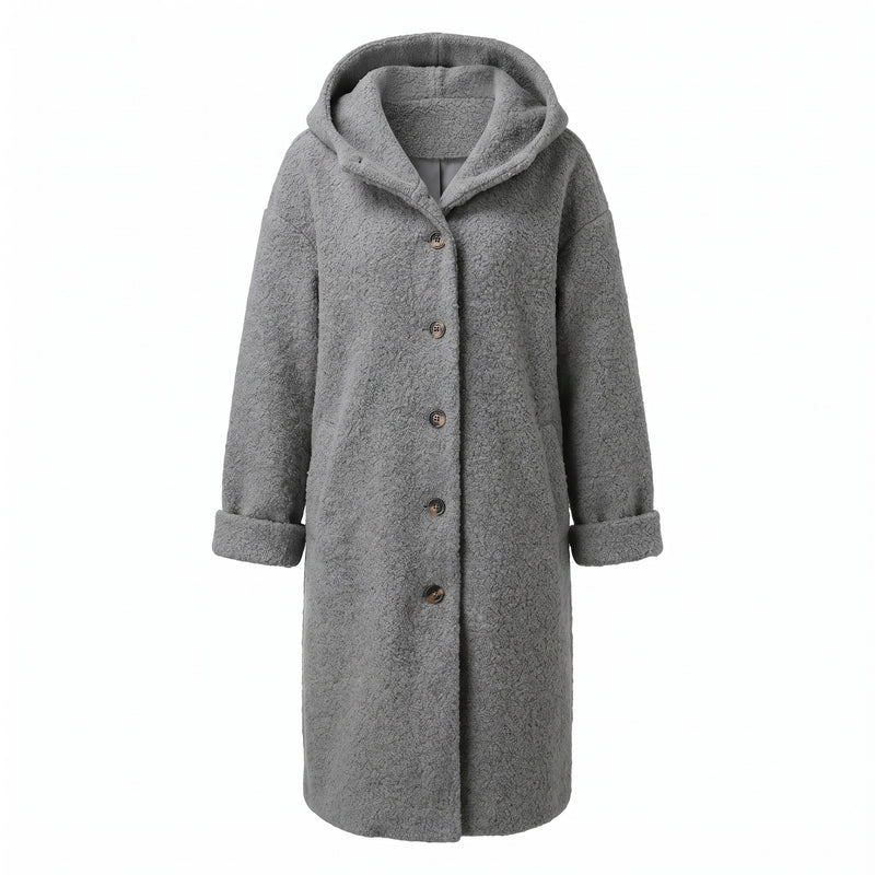 Women's Long Hooded Coat Textured Boucle Button Front Winter Outerwear, product photo 9