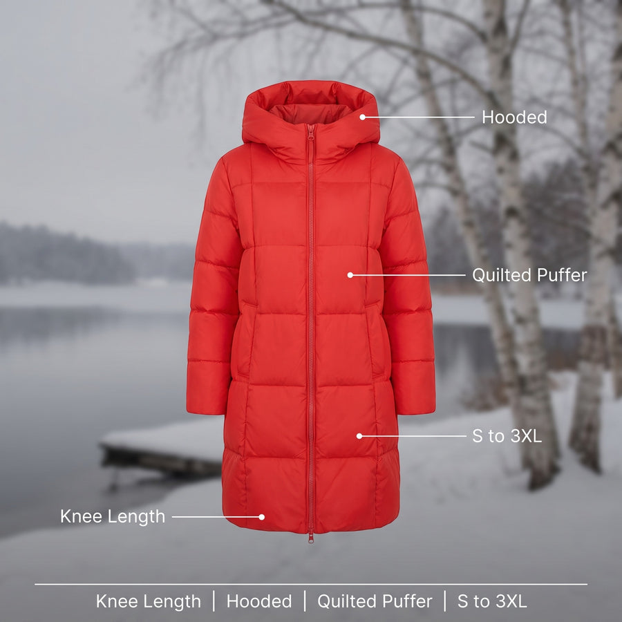 Women's Long Puffer Coat Hooded Quilted Knee Length Winter Jacket, product photo 2
