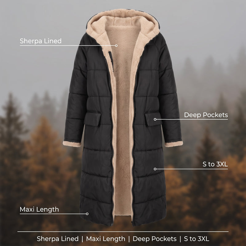 Women's Long Quilted Coat Sherpa Lined Hooded Maxi Winter Jacket, product photo 2