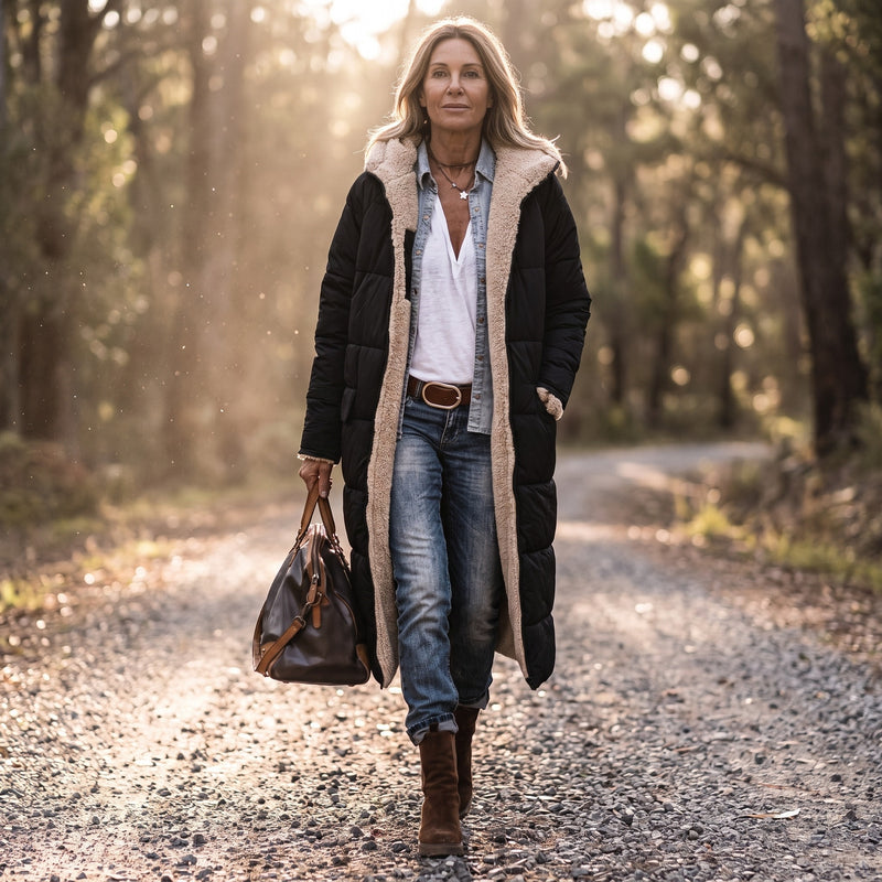 Women's Long Quilted Coat Sherpa Lined Hooded Maxi Winter Jacket, product photo 3