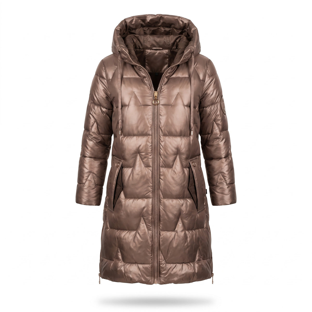 Women's Long Quilted Puffer Coat Hooded Glossy Two Way Zip Jacket, product photo 1