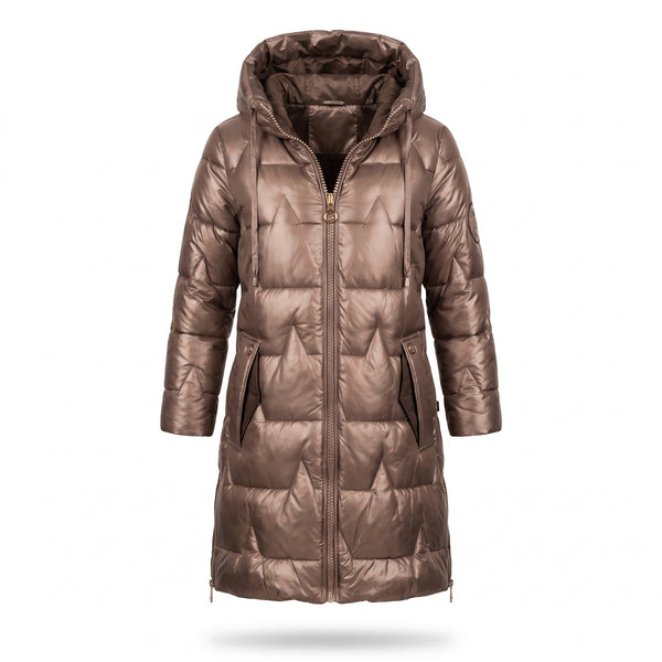 Women's Long Quilted Puffer Coat Hooded Glossy Two Way Zip Jacket