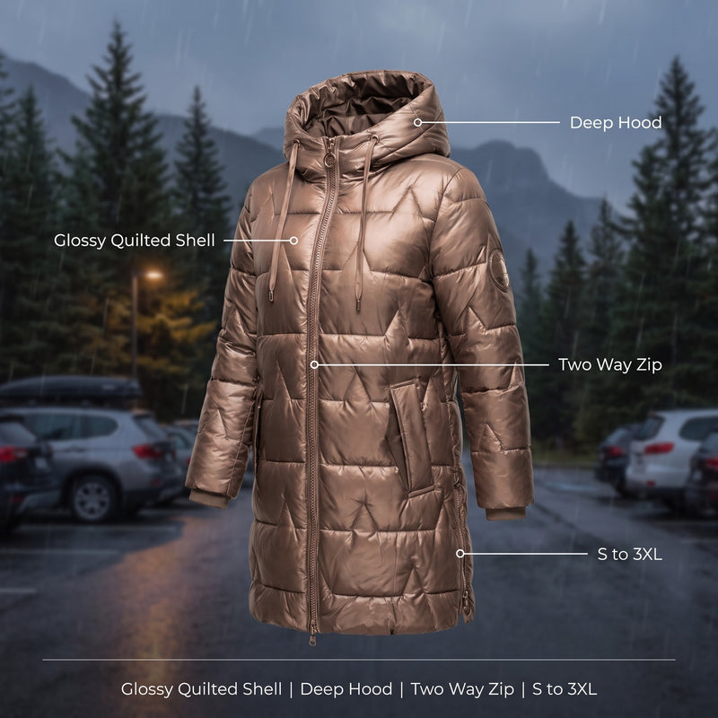 Women's Long Quilted Puffer Coat Hooded Glossy Two Way Zip Jacket, product photo 2