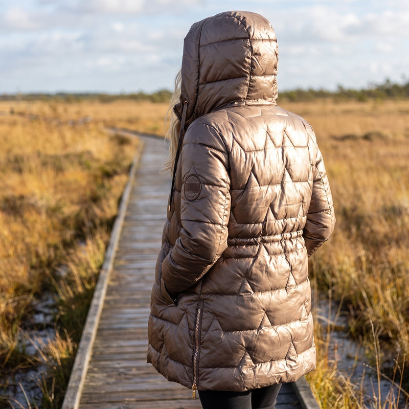 Women's Long Quilted Puffer Coat Hooded Glossy Two Way Zip Jacket, product photo 5