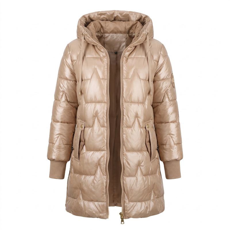 Women's Long Quilted Puffer Coat Hooded Glossy Two Way Zip Jacket, product photo 6