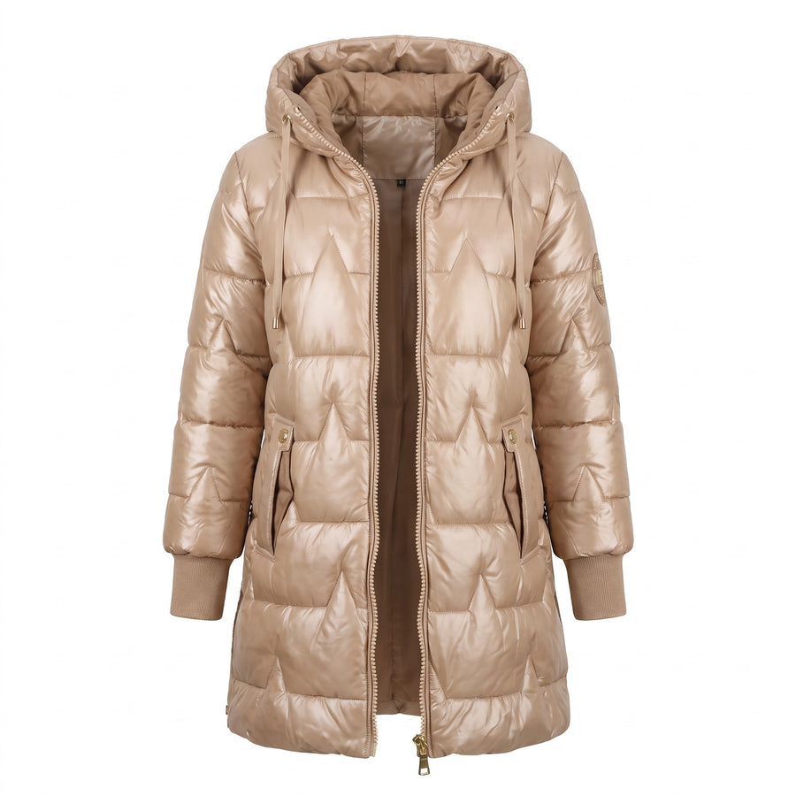 Women's Long Quilted Puffer Coat Hooded Glossy Two Way Zip Jacket, product photo 6