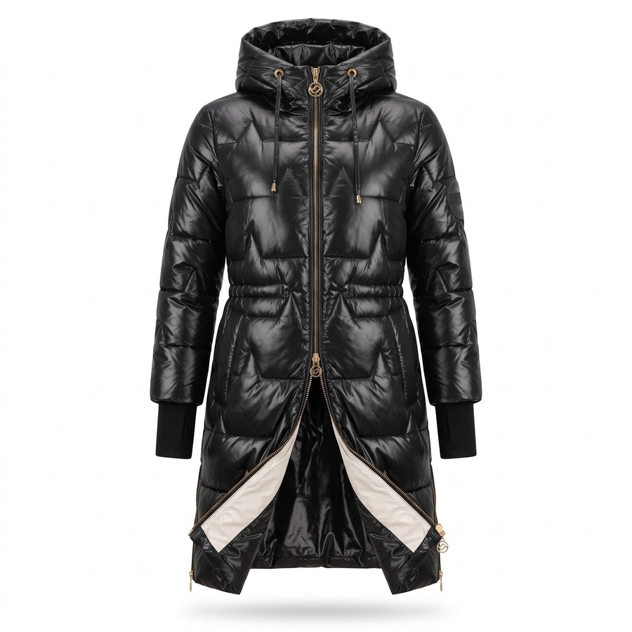 Women's Long Quilted Puffer Coat Hooded Glossy Two Way Zip Jacket, product photo 7