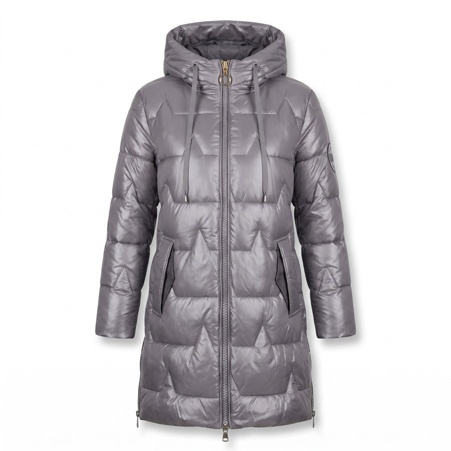 Women's Long Quilted Puffer Coat Hooded Glossy Two Way Zip Jacket, product photo 8