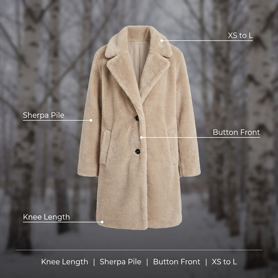 Women's Long Sherpa Coat Lapel Button Front Knee Length Jacket, product photo 2