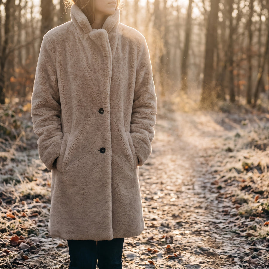 Women's Long Sherpa Coat Lapel Button Front Knee Length Jacket, product photo 3