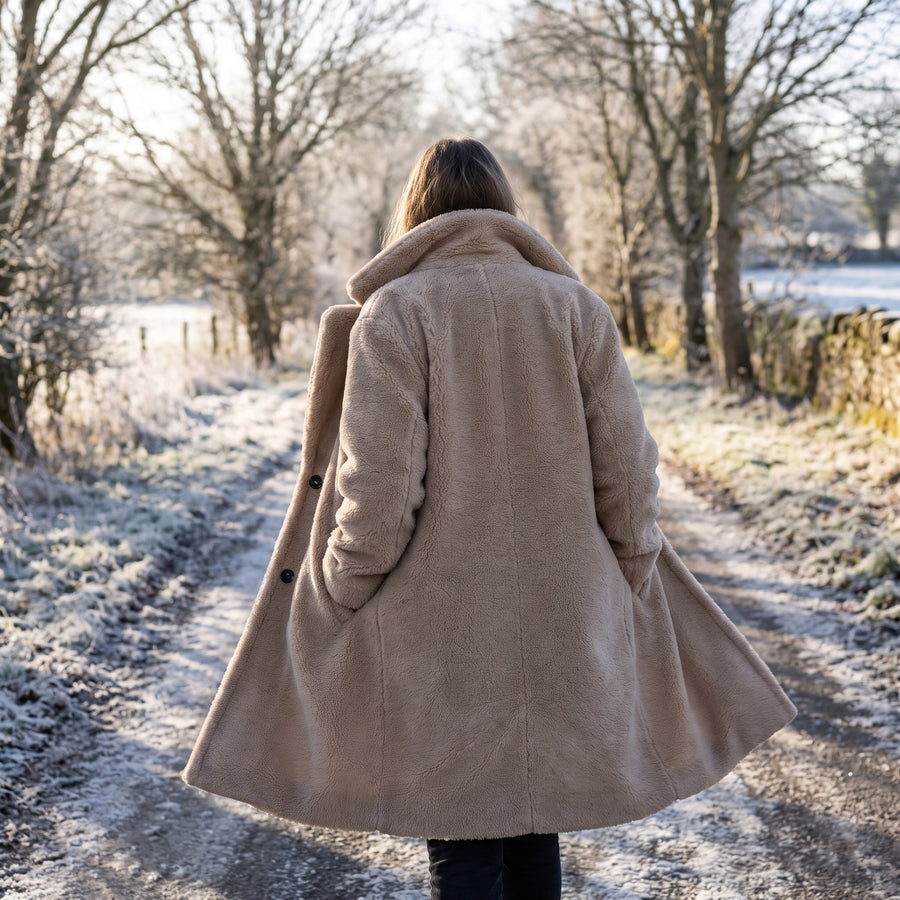 Women's Long Sherpa Coat Lapel Button Front Knee Length Jacket, product photo 5