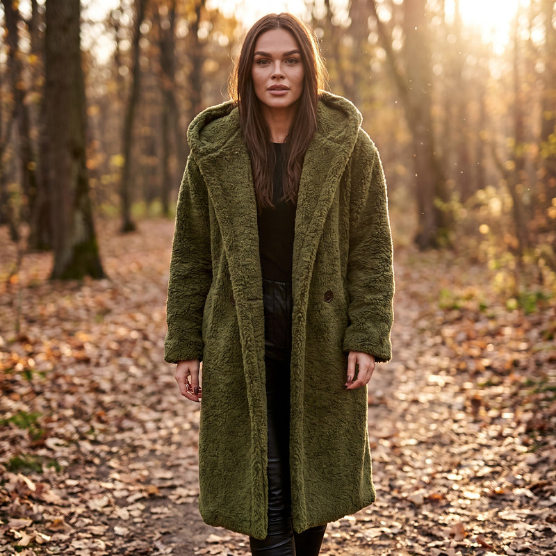 Women's Long Teddy Coat Hooded Oversized Sherpa Overcoat Pockets, product photo 3