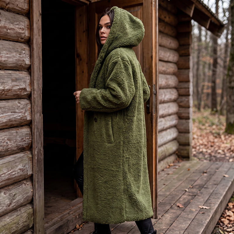 Women's Long Teddy Coat Hooded Oversized Sherpa Overcoat Pockets, product photo 5