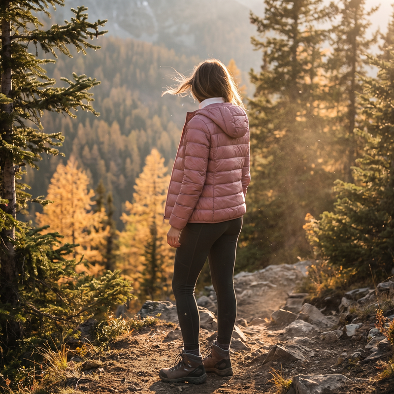 Woman wearing packable down jacket on autumn mountain trail