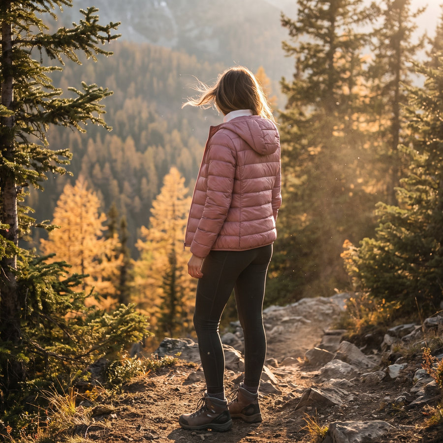 Woman wearing packable down jacket on autumn mountain trail