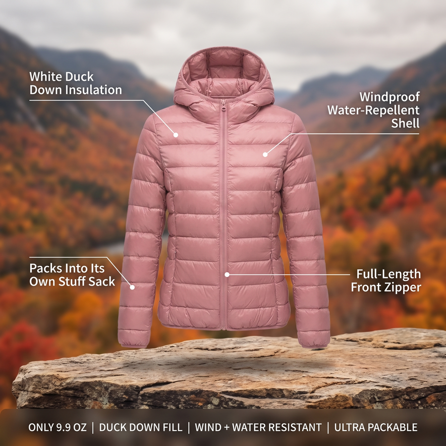 Women's Packable Down Hiking Jacket Lightweight Hooded Outdoor Coat – features and specifications overview | Great Lakes Outdoor
