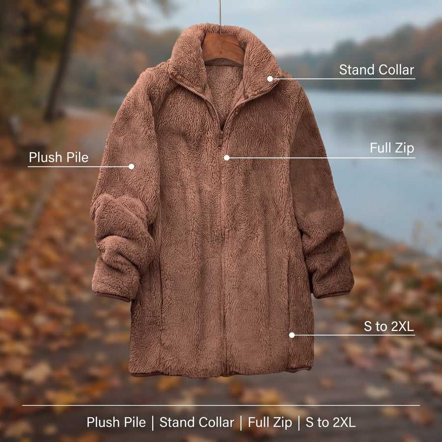 Women's Plush Fleece Jacket Stand Collar Zip Mid Length Coat, product photo 2