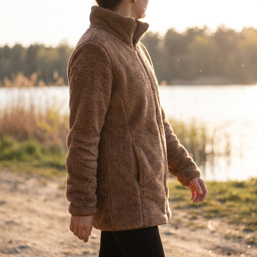 Women's Plush Fleece Jacket Stand Collar Zip Mid Length Coat, product photo 3