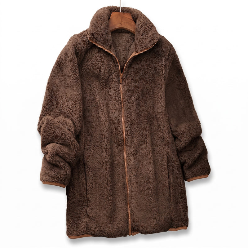 Women's Plush Fleece Jacket Stand Collar Zip Mid Length Coat, product photo 7