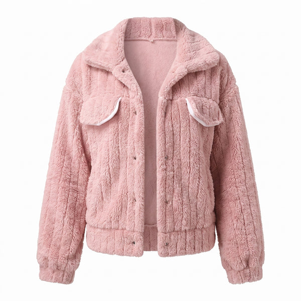 Women's Plush Jacket Notch Lapel Button Front Short Stretch Coat
