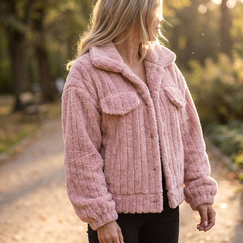 Women's Plush Jacket Notch Lapel Button Front Short Stretch Coat, product photo 3