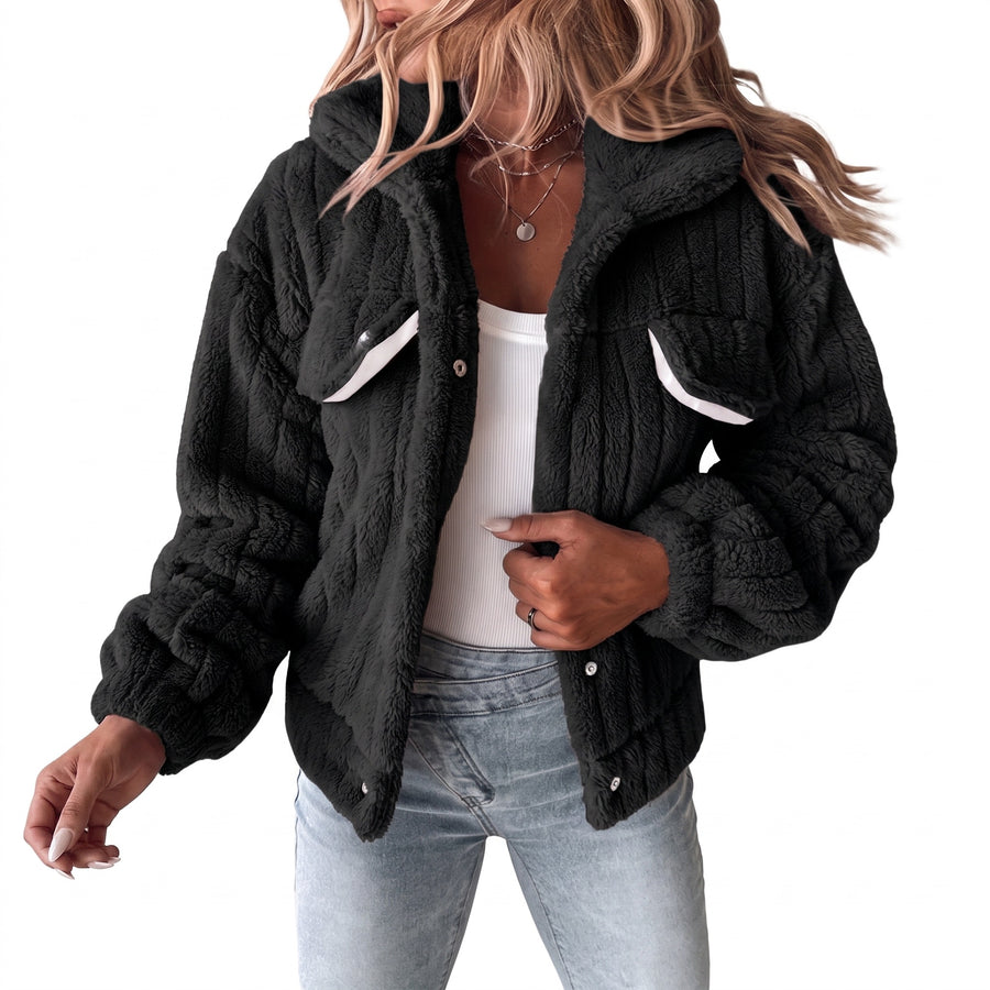 Women's Plush Jacket Notch Lapel Button Front Short Stretch Coat, product photo 6