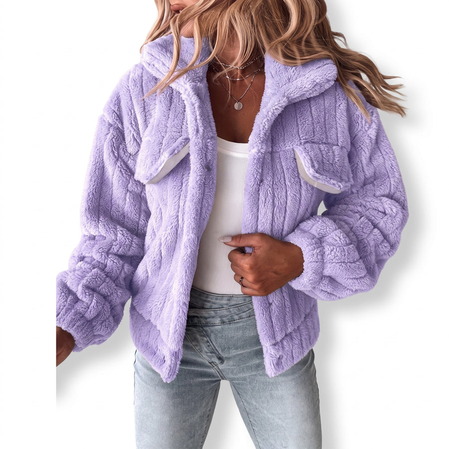 Women's Plush Jacket Notch Lapel Button Front Short Stretch Coat, product photo 9