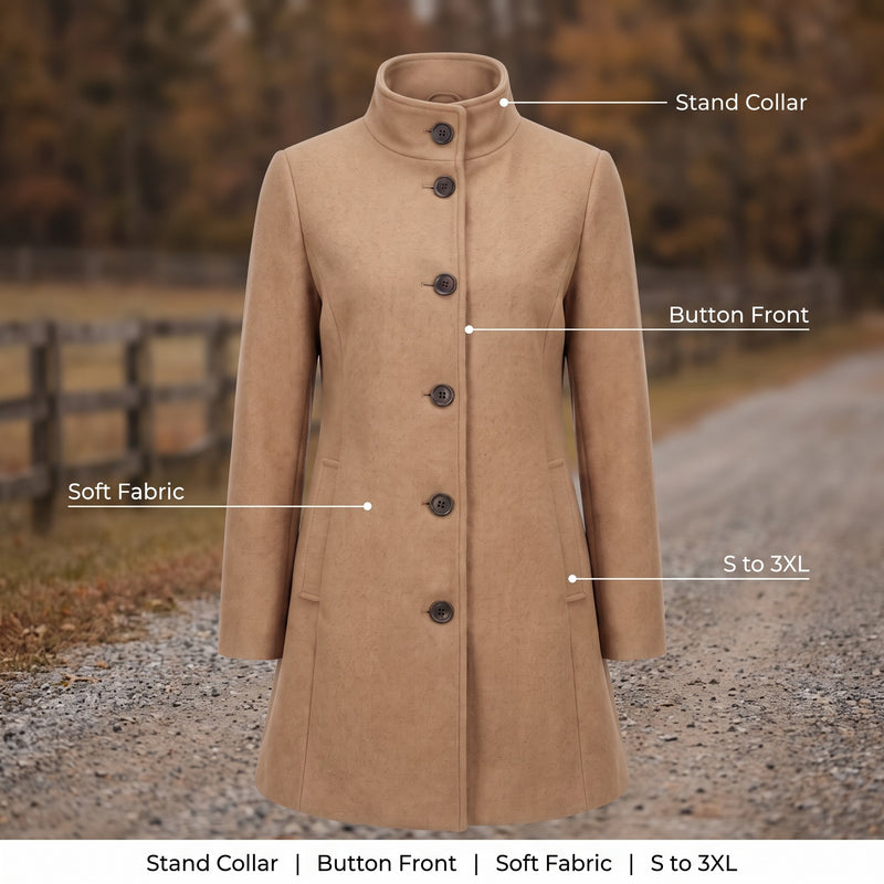 Women's Single Breasted Coat Stand Collar Button Front Casual Overcoat, product photo 2