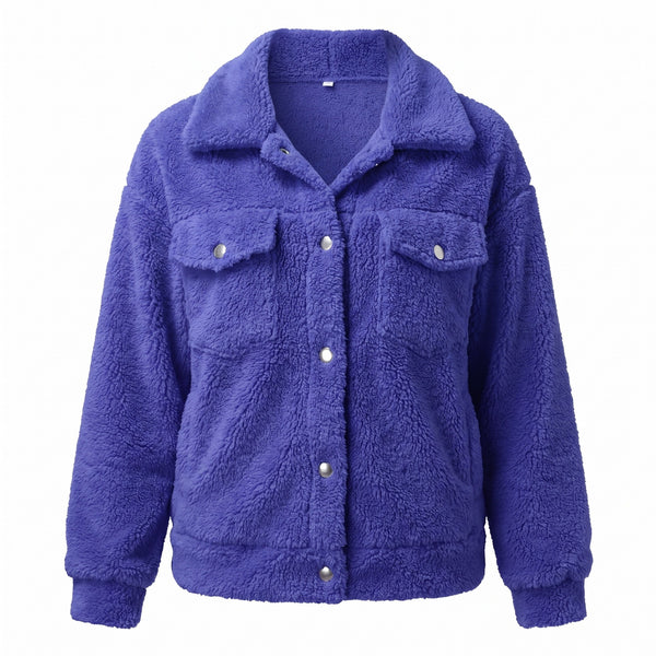 Women's Teddy Fleece Jacket Notch Lapel Short Casual Winter Coat