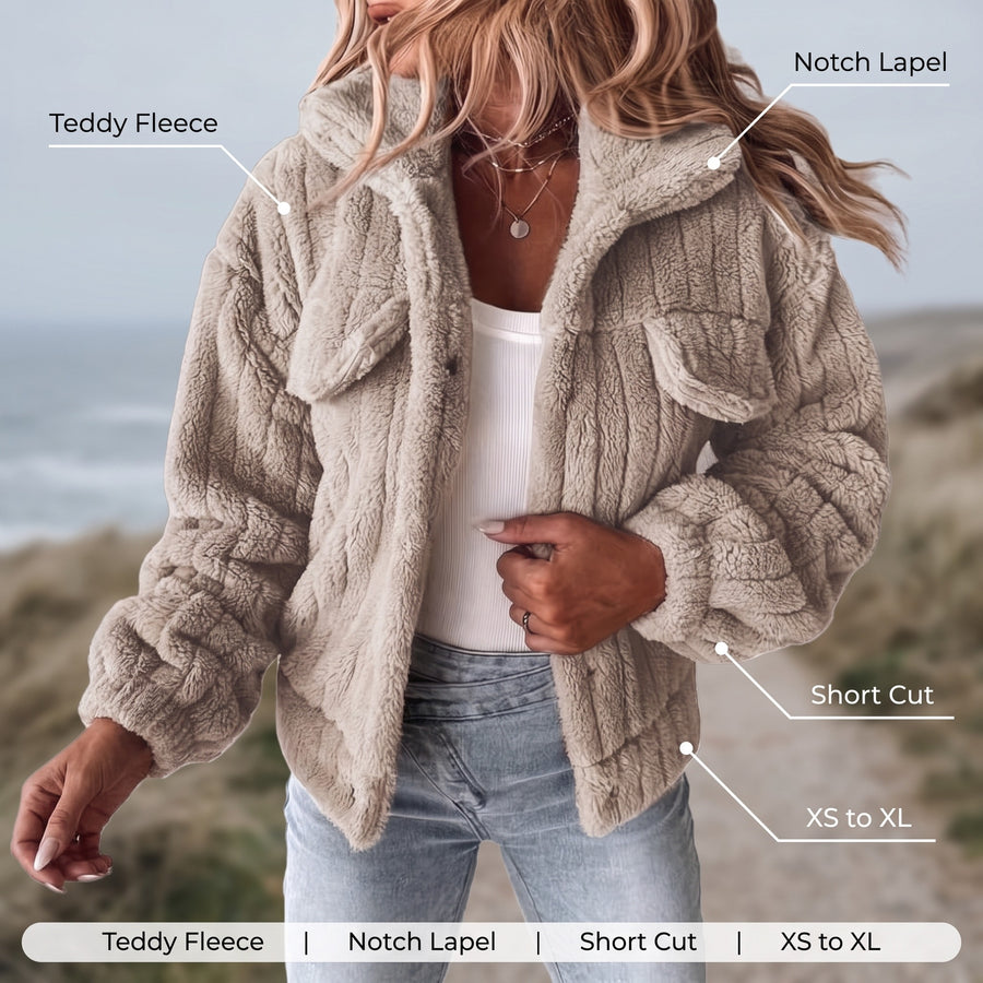 Women's Teddy Fleece Jacket Notch Lapel Short Casual Winter Coat, product photo 2