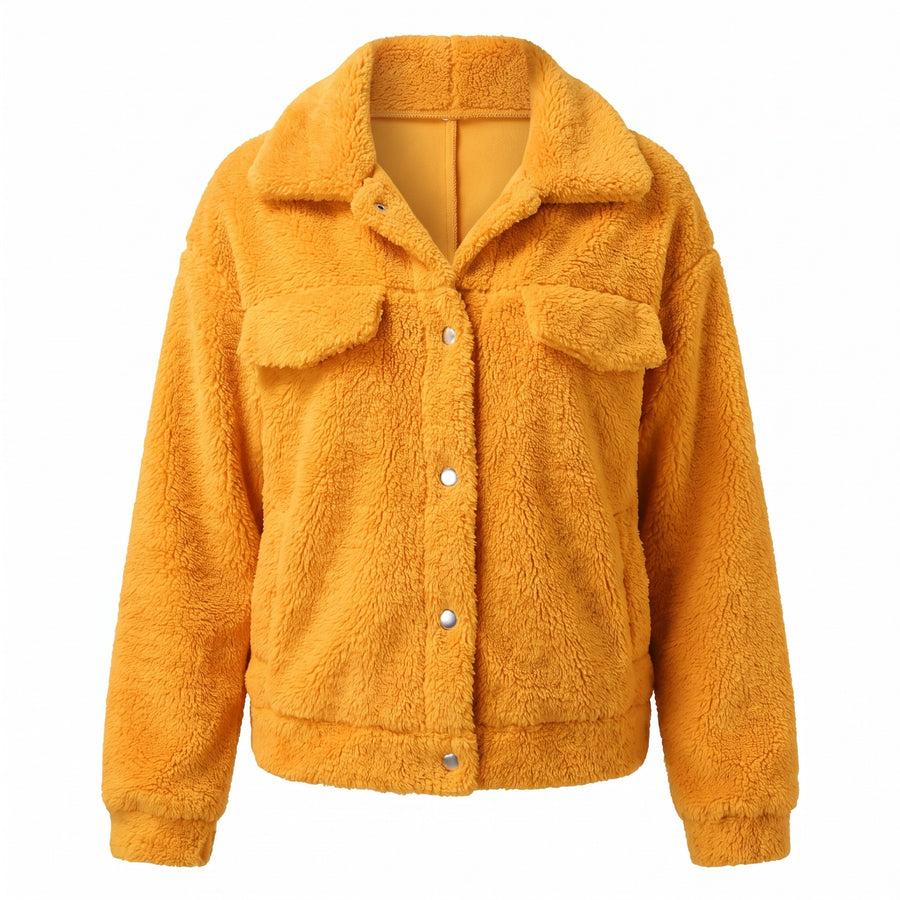 Women's Teddy Fleece Jacket Notch Lapel Short Casual Winter Coat, product photo 6