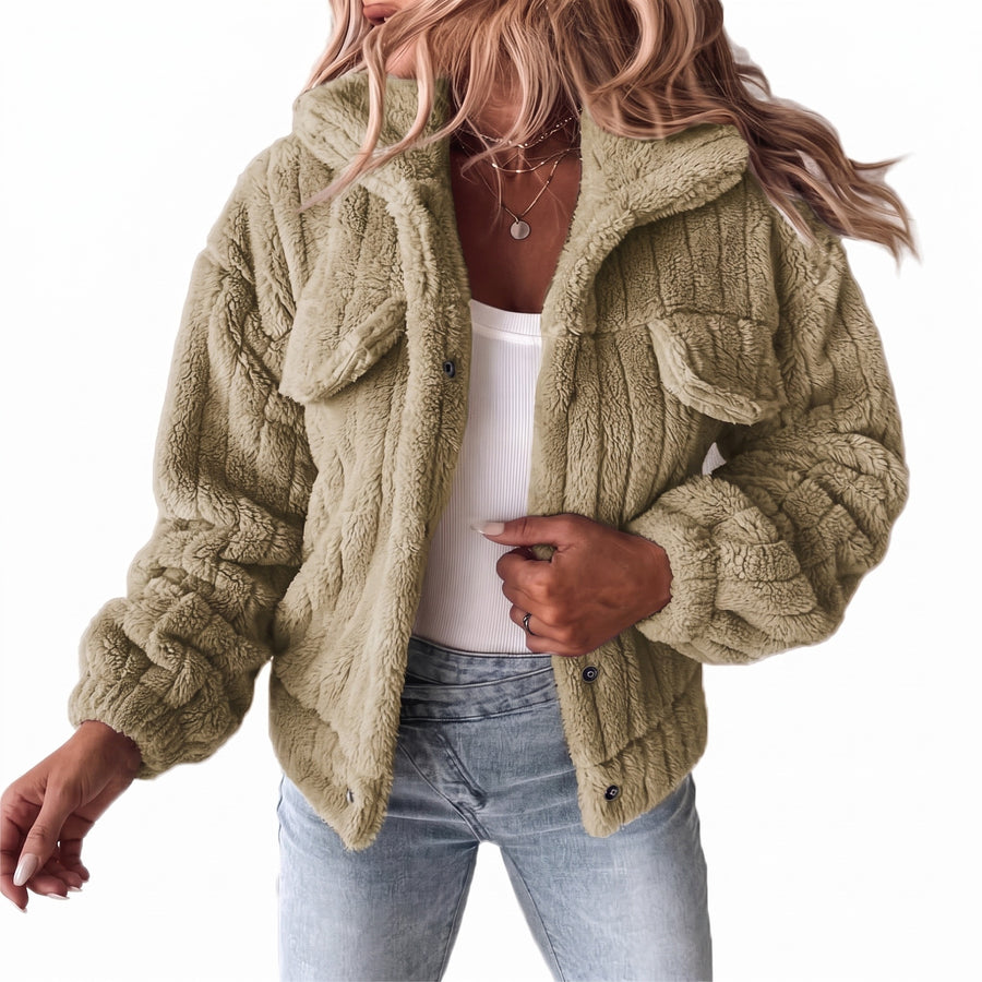 Women's Teddy Fleece Jacket Notch Lapel Short Casual Winter Coat, product photo 7