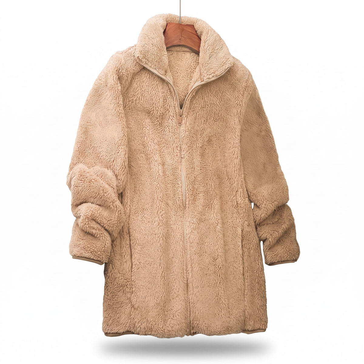 Women's Teddy Fleece Jacket Zip Front Stretch Mid Length Coat, product photo 1