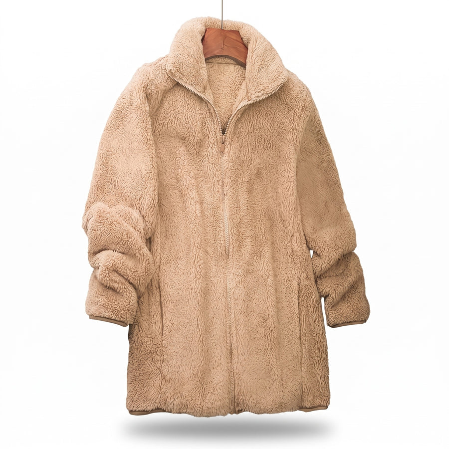 Women's Teddy Fleece Jacket Zip Front Stretch Mid Length Coat, product photo 1