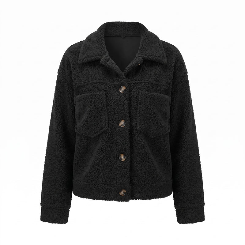 Women's Teddy Shacket Button Front Collared Short Fleece Jacket, product photo 6