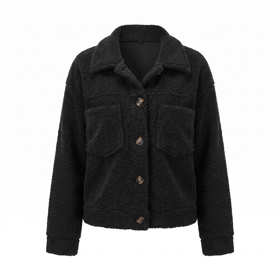 Women's Teddy Shacket Button Front Collared Short Fleece Jacket, product photo 6