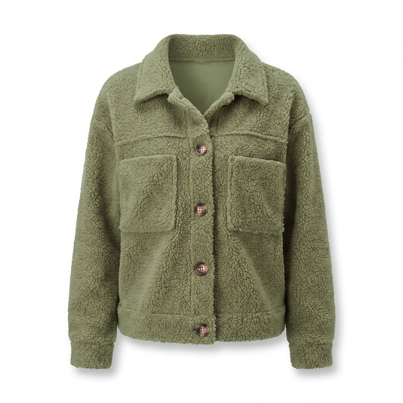 Women's Teddy Shacket Button Front Collared Short Fleece Jacket, product photo 8