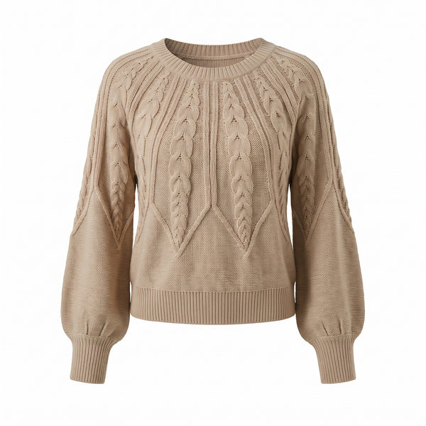 Women's Textured Knit Sweater Lantern Sleeve Crew Neck Acrylic Top
