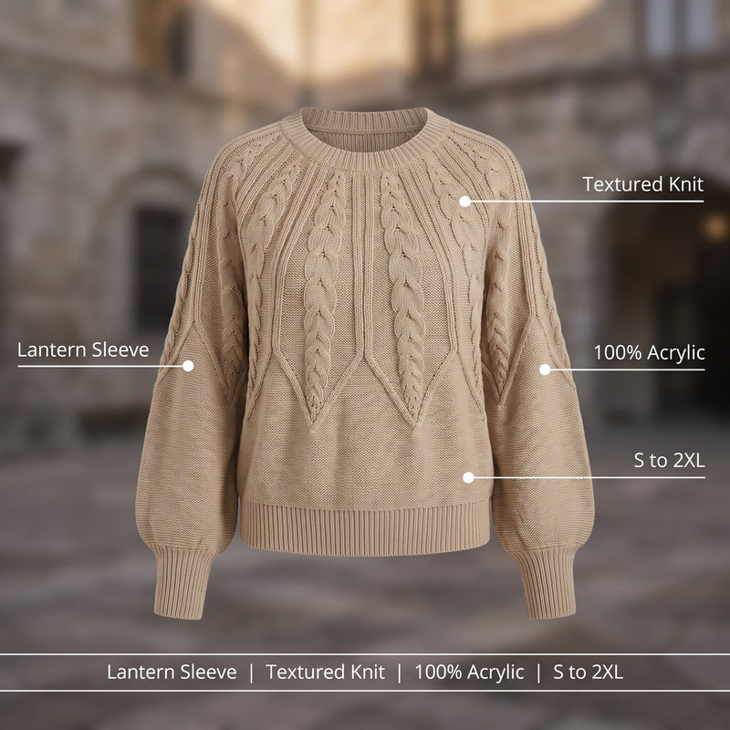Women's Textured Knit Sweater Lantern Sleeve Crew Neck Acrylic Top, product photo 2
