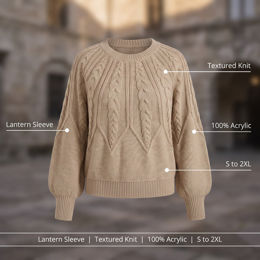 Women's Textured Knit Sweater Lantern Sleeve Crew Neck Acrylic Top, product photo 2