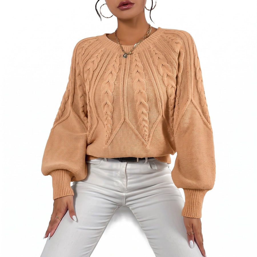 Women's Textured Knit Sweater Lantern Sleeve Crew Neck Acrylic Top, product photo 6