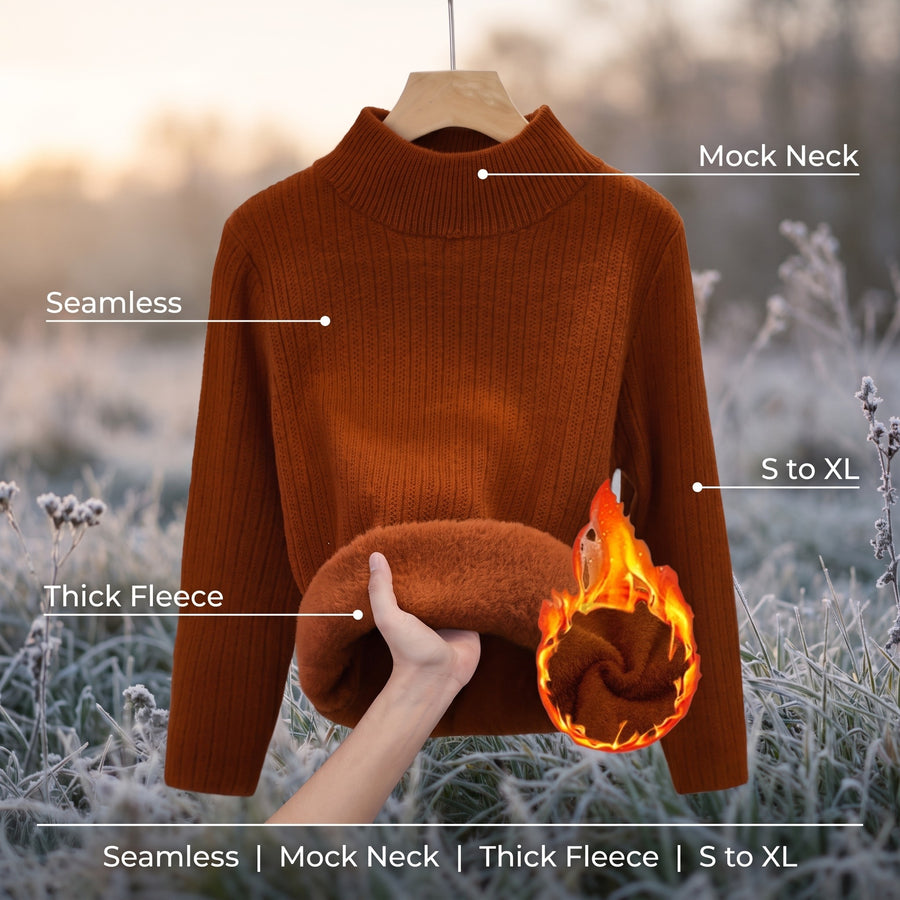 Women's Thick Fleece Sweater Mock Neck Seamless Warm Knit Top, product photo 2