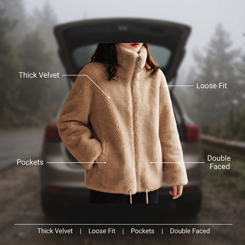 Women's Thick Velvet Sweatshirt Jacket Loose Fit Side Pockets, product photo 2
