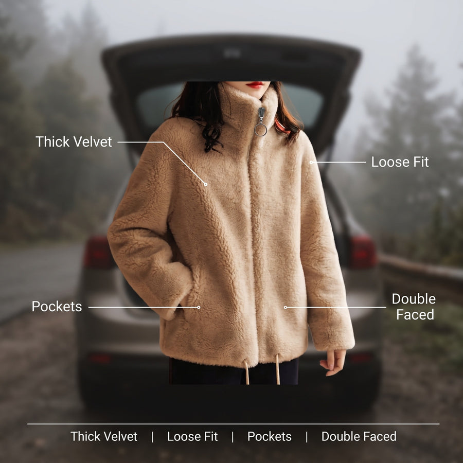 Women's Thick Velvet Sweatshirt Jacket Loose Fit Side Pockets, product photo 2