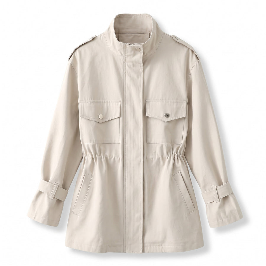Women's Utility Jacket Drawstring Waist Stand Collar Field Coat, product photo 1